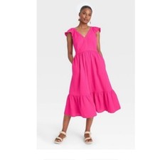 Universal Thread Dress Womens Size M Pink V-Neck Ruffle Tiered Midi