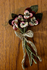VINTAGE MILLINERY VELVET PANSIES FLOWER, LEAVES, NETTING, RIBBON, PIN