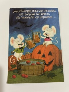 VTG Christmas Greeting Card Halloween Mice Cheers Beer Beaded Accents Pumpkin