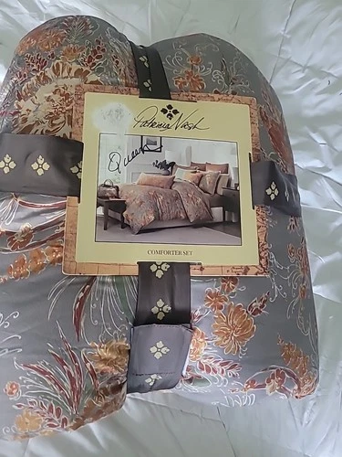 Patricia Nash Italian Pheasant 3-pc Comforter Queen Set Grays/oranges NWT
