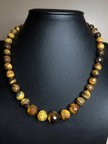 B3930 Faceted Tiger's Eye Beaded Necklace Sterling Silver Clasp  18"