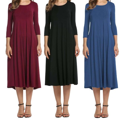 Women Crew Neck Solid Midi Dress Knee Long A Line Skirt 3/4 Sleeve Party Work US - Picture 5 of 18