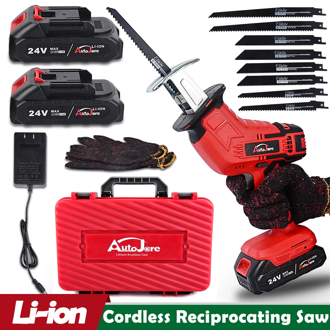 24V Cordless Reciprocating Saw + 2 Battery & Charger Recip Sabre Saw + 8 Blades