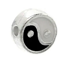 10 Pcs Black White Silver Yin Yang Taijito Spacer 2 Sided Flat Round Beads 7mm