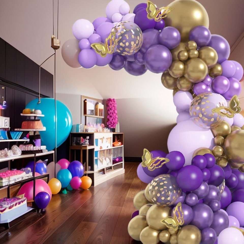 Dark Purple Arch Kit Gold Butterfly Sticker Party Decorations Wedding