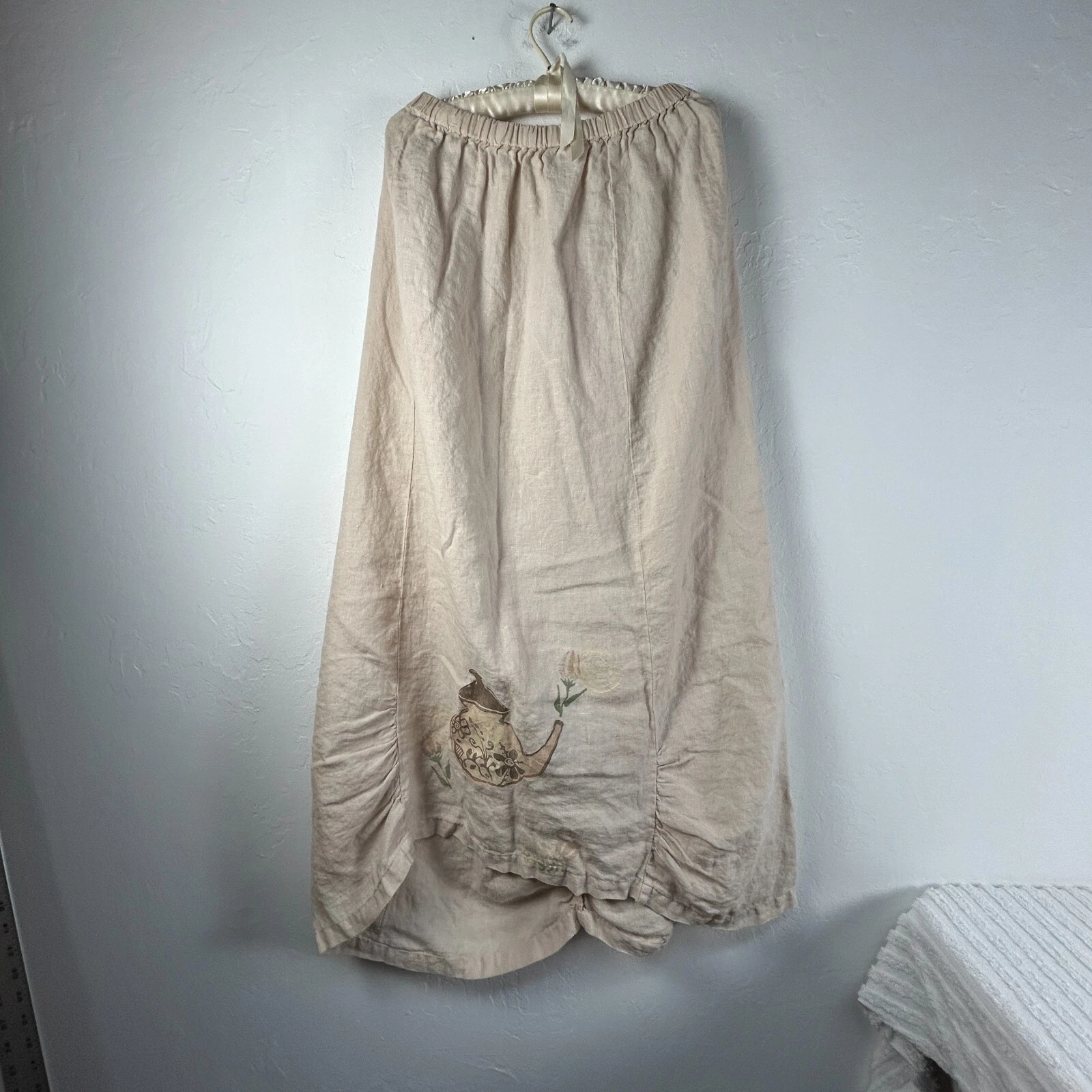Vintage Blue Fish Women's Elastic Waist Maxi Skirt Cream Ruched Linen Size 2