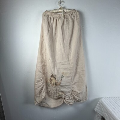 Vintage Blue Fish Women's Elastic Waist Maxi Skirt Cream Ruched Linen Size 2