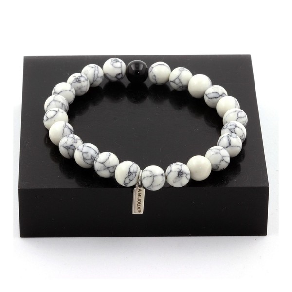 Mineralien Und Edelsteine. Armband Perlen Howlite + Schwarze Achat 8 Mm. Fab-image