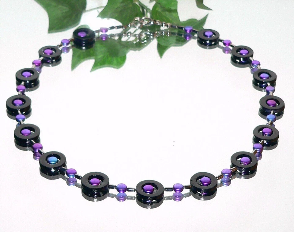 Halskette Kette Perlmutt Donut schwarz Two color Perlen lila blau 406j - Bild 3 von 4