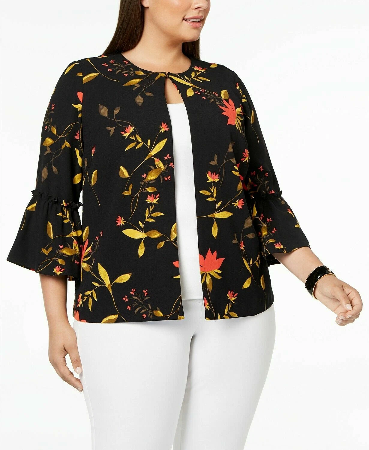 Alfani Black Floral Bell Sleeve Blouse Open Front Plus Sizes NWT MSRP $99 A5405