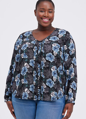 BNWT Torrid Plus Size (18/20) Floral Skull Georgette Pintuck LS