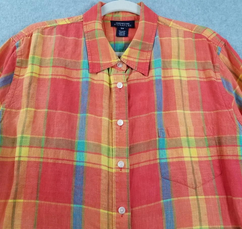JONES NEW YORK Button Up Shirt Womens 3X Plus Multicolor Plaid Linen Long Sleeve - Image 2 of 4