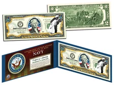 US NAVY WWII Vintage Genuine Legal Tender Colorized U.S. $2 Bill
