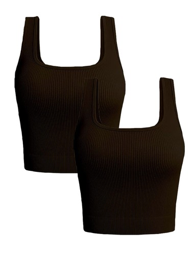 Women's 2-Pack Crop Tops Rib-Knit Seamless Workout Exercise Shirts Yoga Tank ...