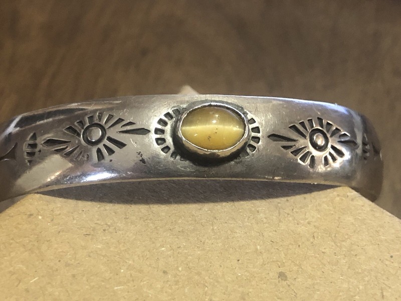 Vintage Native American Chrysoberyl Cat's Eye Stamped Sterling Cuff Bracelet