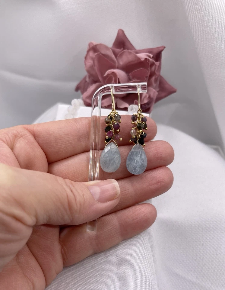 Aquamarine Tourmaline Earrings Natural Briolette 14K Gold Filled Handmade Drop - Image 3 of 4