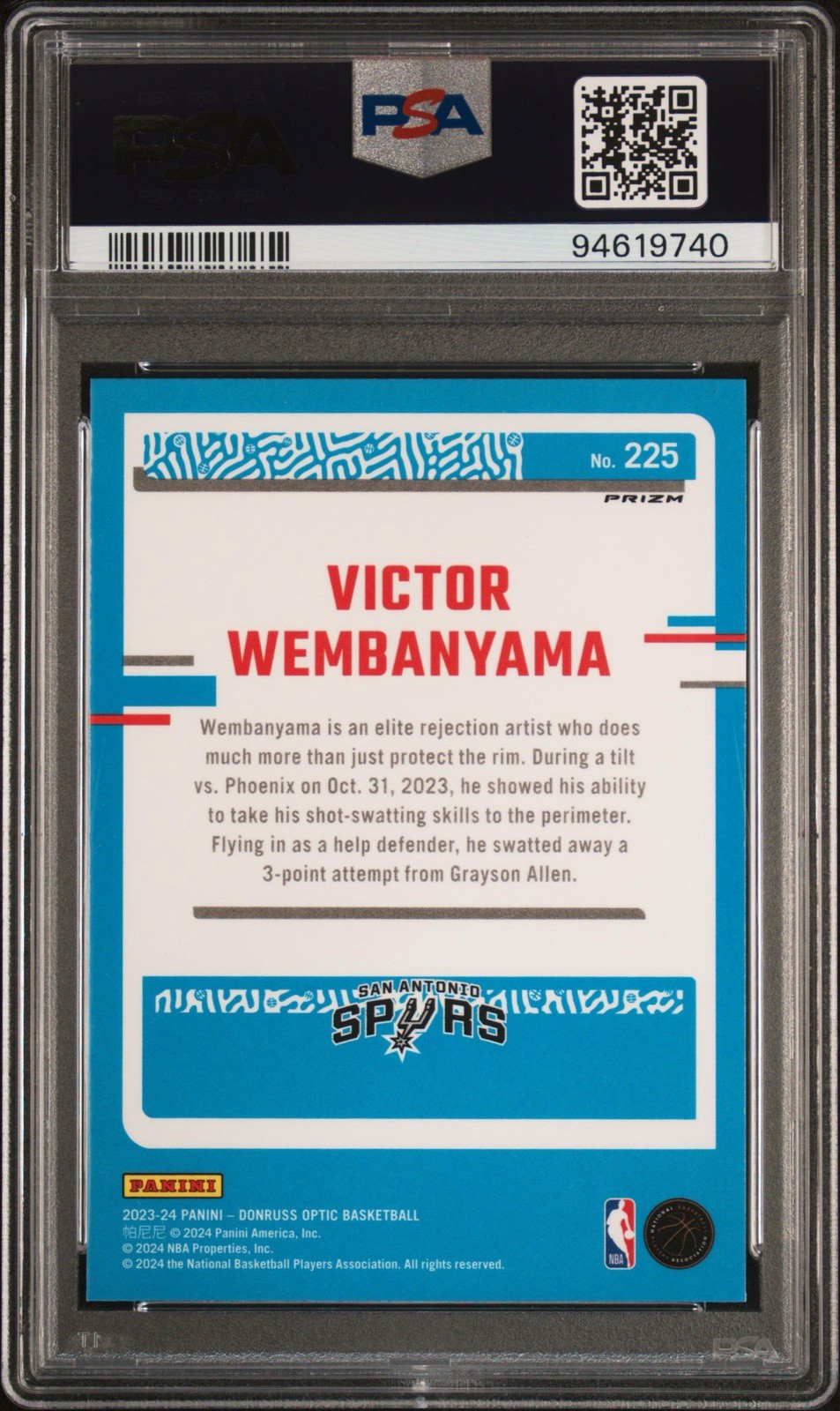 PSA 10 2023 Donruss Optic Rated Rookie Victor Wembanyama Purple Holo Prizm 225🦄 view 2