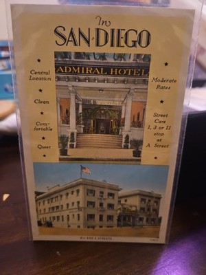 Admiral Hotel 4th and A Streets San Diego CA Unposted Vintage Postcard Looks New