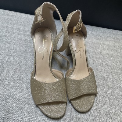 Jessica Simpson Sherron Glittered Sandals Sz 8.5 Ankle Strap Block Heels (TD1)