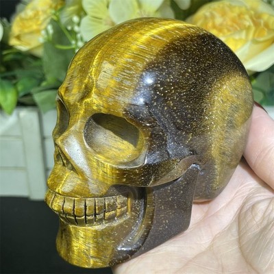 1.6LB 3.9'' Natural Yellow Tiger Eye Stone Skull Carving Crystal Quartz Reiki