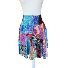Boho Patchwork Floral Smocked Waist Mini Skirt Multi Color S/M