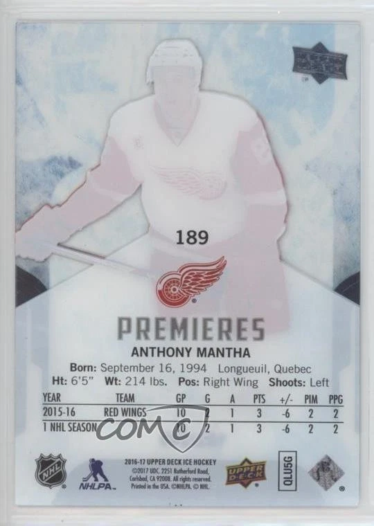 2016-17 Upper Deck Ice Premieres /249 Level 2 Anthony Mantha #189 Rookie RC - Image 2 of 2