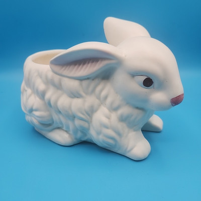 Vtg Easter Lefton Bunny Planter White w/ Pink Accents Original Label