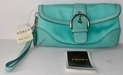 NWT Coach Soho Wristlet F56530 Teal Leather Buckle Flap Factory Vintage.