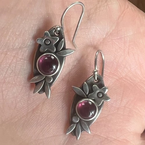 Pink Tourmaline Silver Earrings Floral Artisan Handmade PMC Fine Studio Jewelry