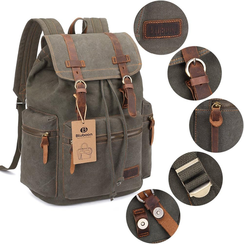 Vintage Backpack Leather Trim Casual Bookbag Men Women Laptop Travel Rucksack - Picture 3 of 15