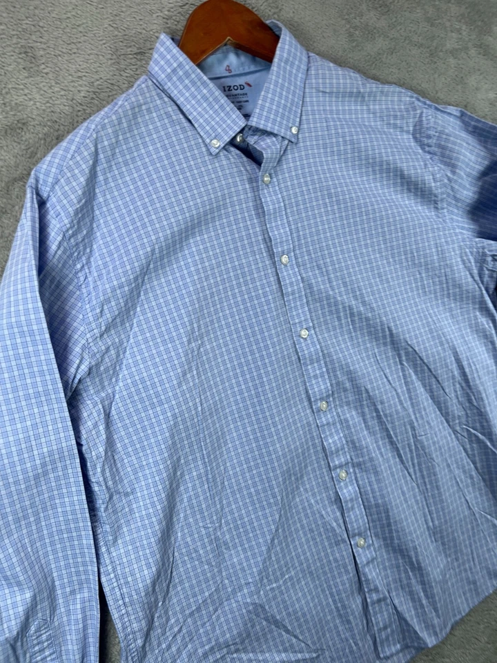IZOD Shirt Mens 34 XL Blue Button Down Shirt Long Sleeve 17.5 Slim Performance - Image 3 of 4