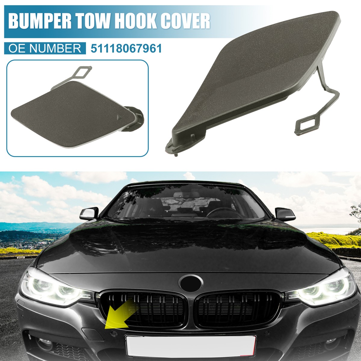 BMW 3 Series F30 F31 Front Bumper Tow Hook Cover - Right Passenger Side Black Replacement
