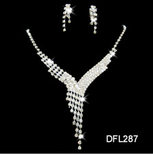 V shape Clear RHINESTONE BIB Tassel NECKLACE Stud EARRINGS SET BRIDAL WEDDING