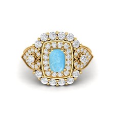 6X4mm Cushioin Larimar 925 Sterling Silver Yellow Plated Cocktail Wedding Ring