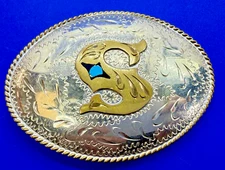 Letter S Inlaid Vintage Buckles By Design Hand Made Engraved Belt Buckle