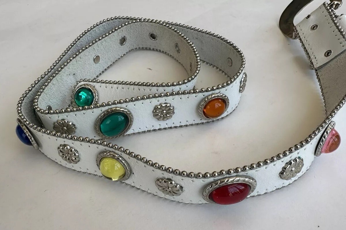 Vintage Belt White Leather Mounted Plastic Gems 80s Buckle