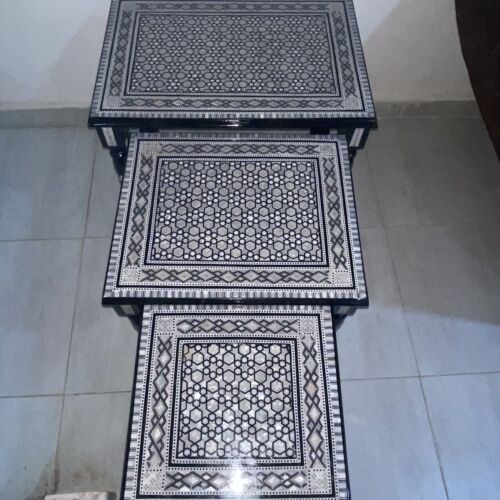 Egyptian Coffee Table, Set of 3 Table Nest, Mother of Pearl Inlay Side Table - Picture 2 of 11