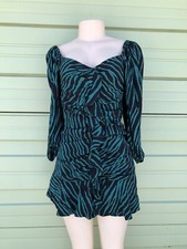 ZARA PRINTED DRESS WITH FRILLS GREEN BLACK RUFFLES MINI Size S #6460 (READ)