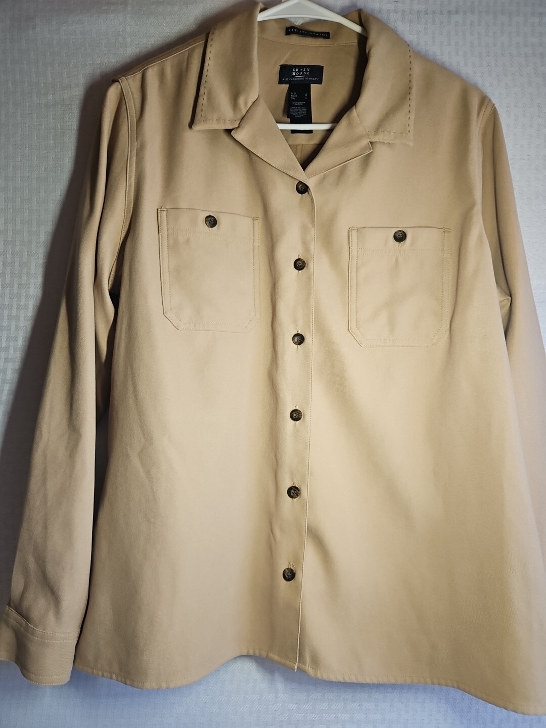 Crazy Horse Liz Claiborne Women’s Beige Button Front Shirt Jacket L Long Sleeve
