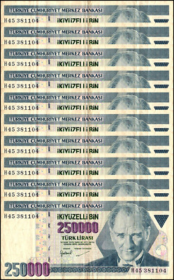 Turkey 250000 Lira, L.1970 (1998 ND), P-211, Used X 10 PCS | eBay