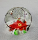 Vintage Studio Art Glass Murano Paperweight with Red, Green, White Florals