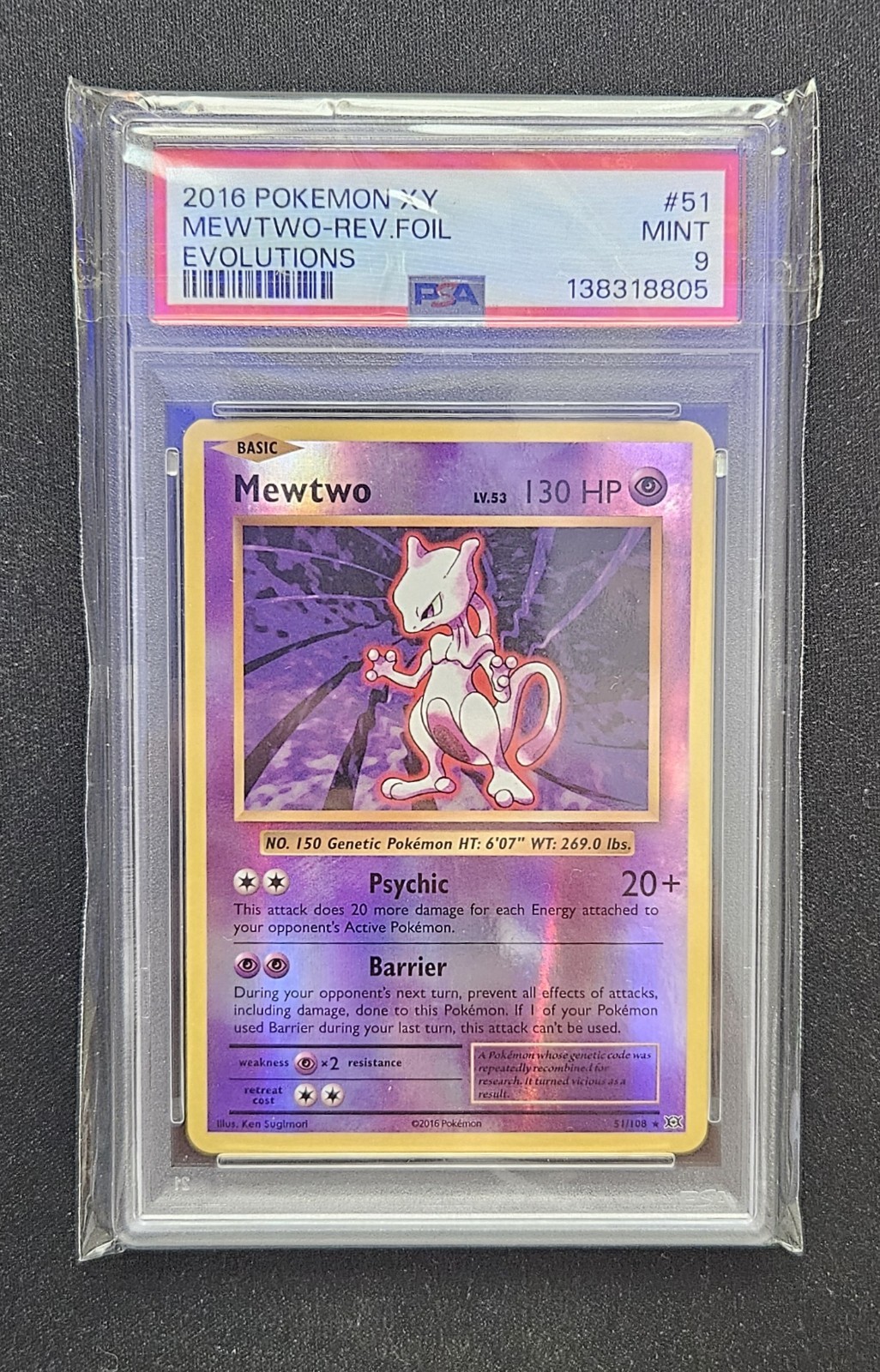 POKEMON 2016 XY Evolutions #51 Mewtwo Reverse Foil PSA 9 Mint 51/108