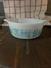 Pyrex Amish Butterprint Pattern Glass Turquoise White Casserole Dish Vintage