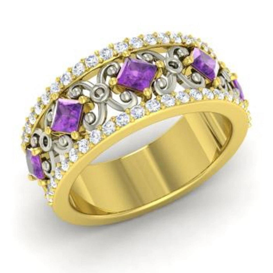 1.31 Ct Princess Cut Natural Amethyst & Diamond Eternity Band 14K  Yellow Gold 7 - Image 2 of 4