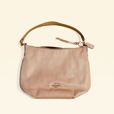 Coach Beige Shoulder Bag Pebbled Finish Zipper Logo Tag Gold Hardware