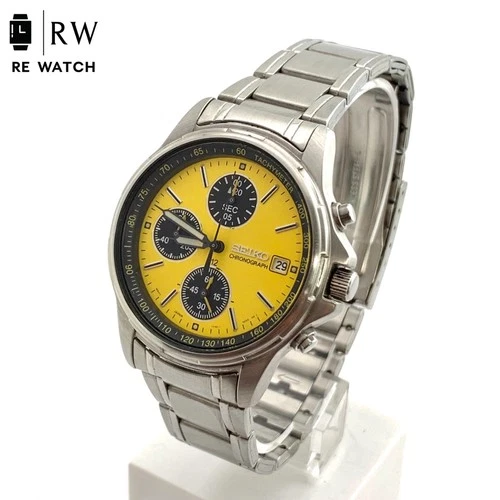 SEIKO 7T92 0BA0 Chronograph Watch Yellow Quartz Wristwatch Vintage Rare