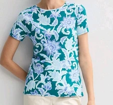 New CROFT & BARROW Women's XXL Teal Blue White Cotton Knit Boho Floral T-shirt
