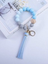 Blue  Gray Beaded Wristlet Keychain With Hassle