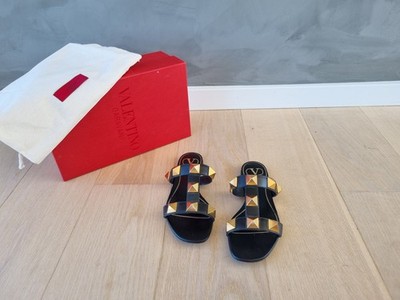 **Valentino** Black Roman Stud Rockstud Leather Sandals Mules Size 36.5