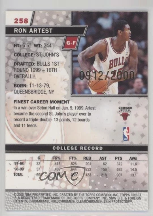 1999-00 Topps Finest Rookies /2000 Metta World Peace Ron Artest #258 Rookie RC - Image 2 of 2
